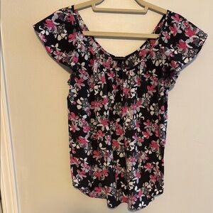 Banana Republic Pink and Blue Floral Smocked Cap Sleeve Blouse